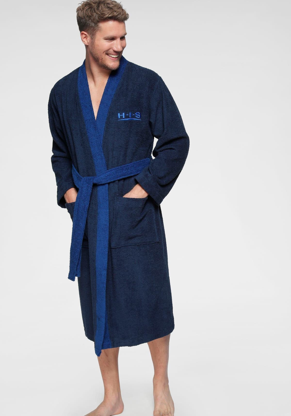 Unisex-Bademantel H.I.S "Hannes, ideal für Sauna & Spa, Hotelbademantel, Morgenmantel" Gr. XXXL, blau (marine), L:125cm, Walkfrottee, Hausmäntel, Unisex-Bademantel, für Damen & Herren, lang, mit Taschen, S-3XL marine 3XL L: 125cm, N-Gr