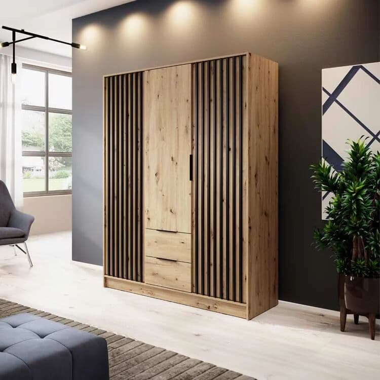 garneroarredamenti Armadio 155x200h cm 3 ante con cassetti moderno quercia nero Miller