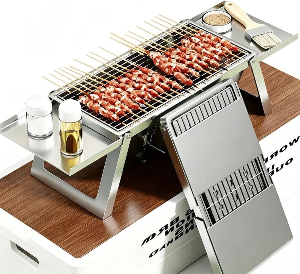 NONE Household Portable Folding Stainless Steel Charcoal Grill, Outdoor Camping Barbecue Griller for Meat Fish Roasting & Backyard BB