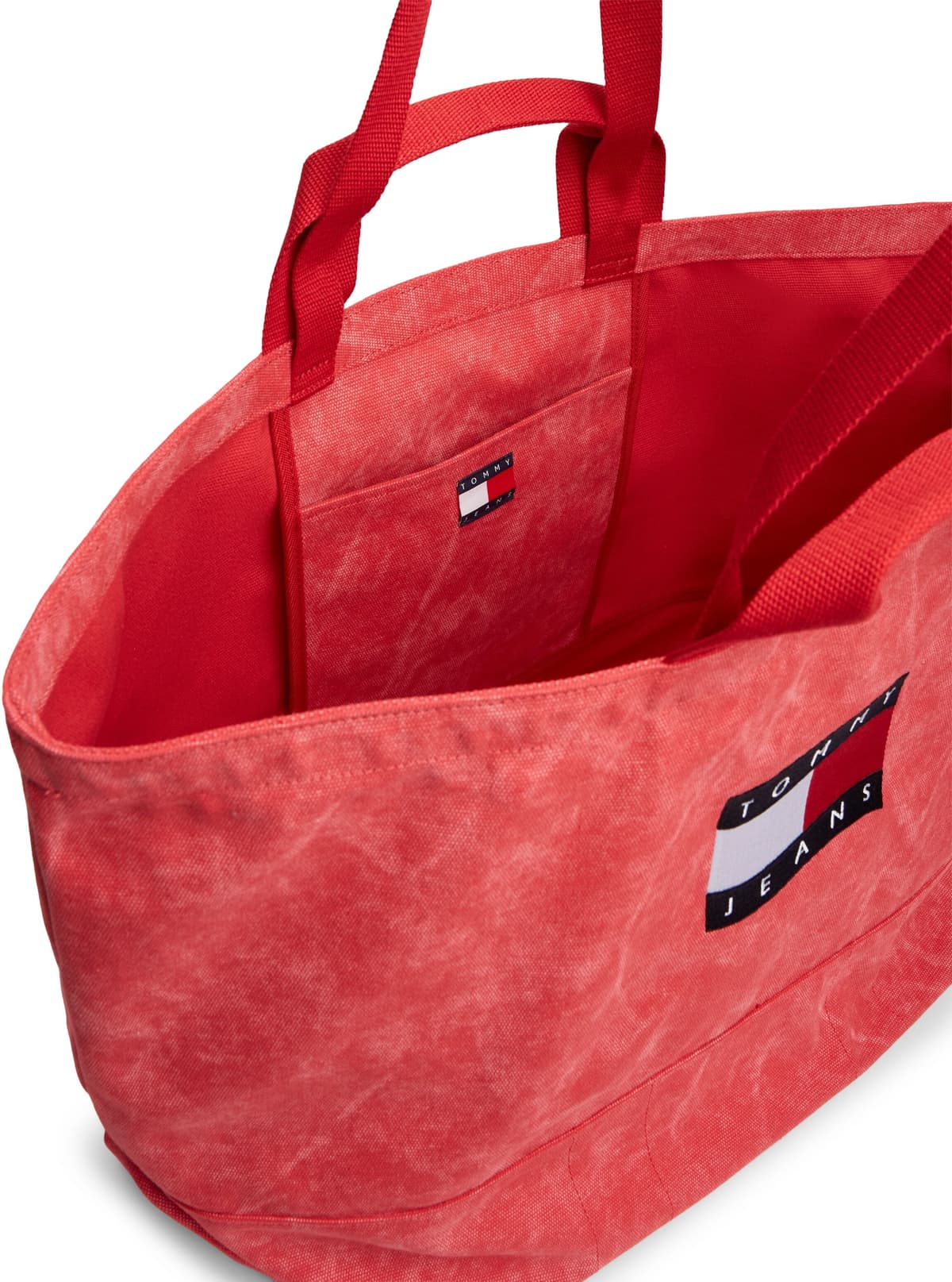 Tragetasche TOMMY JEANS "TJW WAVE FLAG MED TOTE", Damen, Gr. B/H/T: 61cm x 39cm x 27cm, rot (coralle), Baumwolle, used, Taschen Tragetasche, Unisex Tragetasche, Umhängetasche, Shopper, Henkeltasche im Used-Look coralle B/H/T: 61cm x 39cm x 27cm