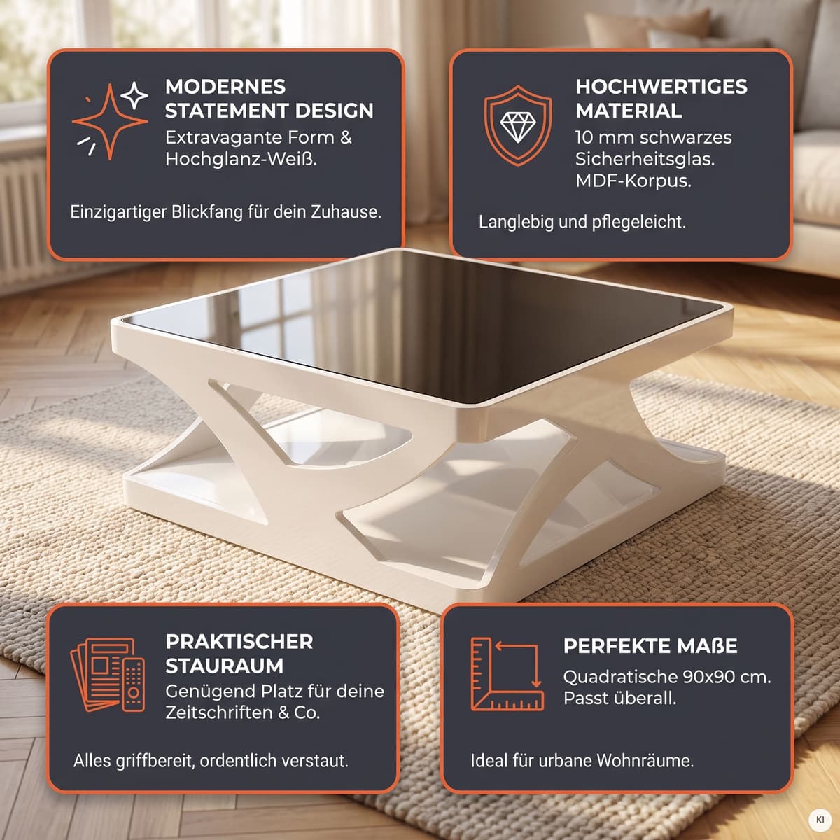 Couchtisch SALESFEVER "Lacona Coffeetable mit stilvollem Aussehen", schwarz-weiss (weiß, schwarz, weiß, schwarz), B:90cm H:38cm T:90cm, Tische, Couchtisch, 10 mm Schwarzglasplatte, rechteckig oder quadratisch weiß, schwarz, weiß, schwarz B/H/T: 90cm x 38c