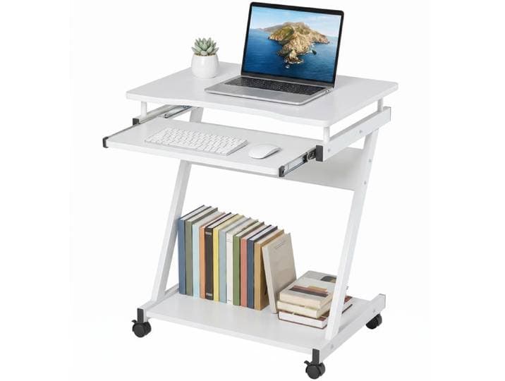 Bureau Informatique Mobile Design Z avec 4 Roulettes et Plateau Clavier Coulissant - 60x48x73 cm - Blanc