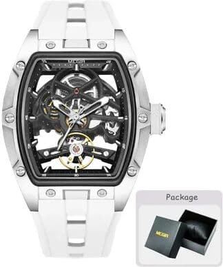 Quick Pick Pro MEGIR Barrel Dial Automatic Mechanical Watch For Men With Silicone Strap & Luminous Hands white