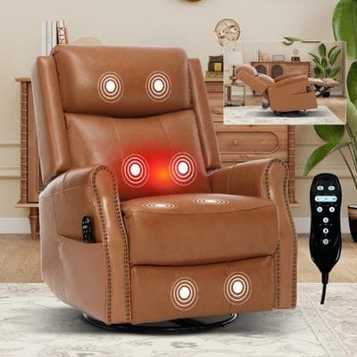 Kodotan sofa Blue Genuine Leather Heat Massage Manual Recliner Chair with Rocker and Swivel for Living Room