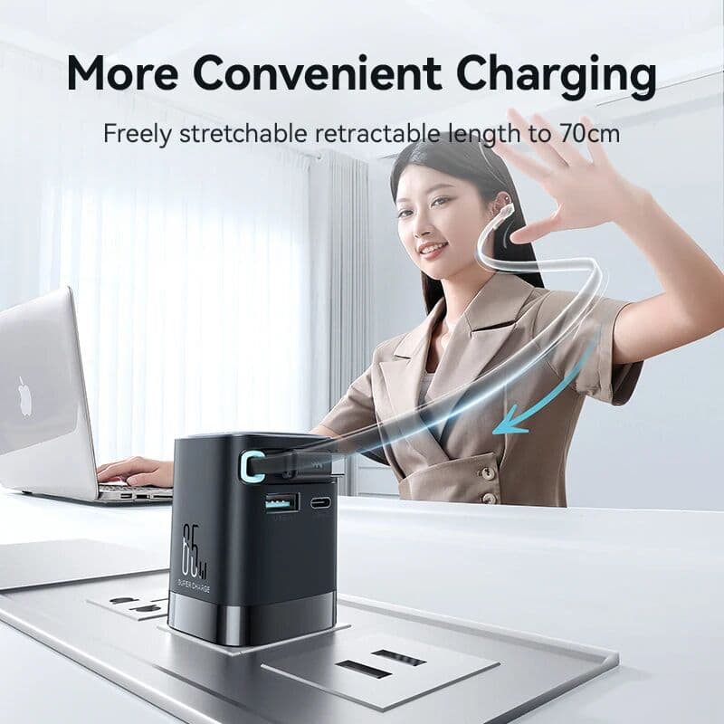 Joyroom PD 3.0 65W GaN Charger with Retractable USB C Cable Desktop Charger EU Plug Fast Charging for iPhone 16 15 Tablet Laptop