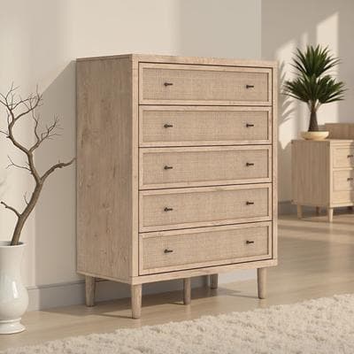 Benjara Ciel Tall Dresser Chest, 5 Drawers w Metal Handles, Brown and Bronze