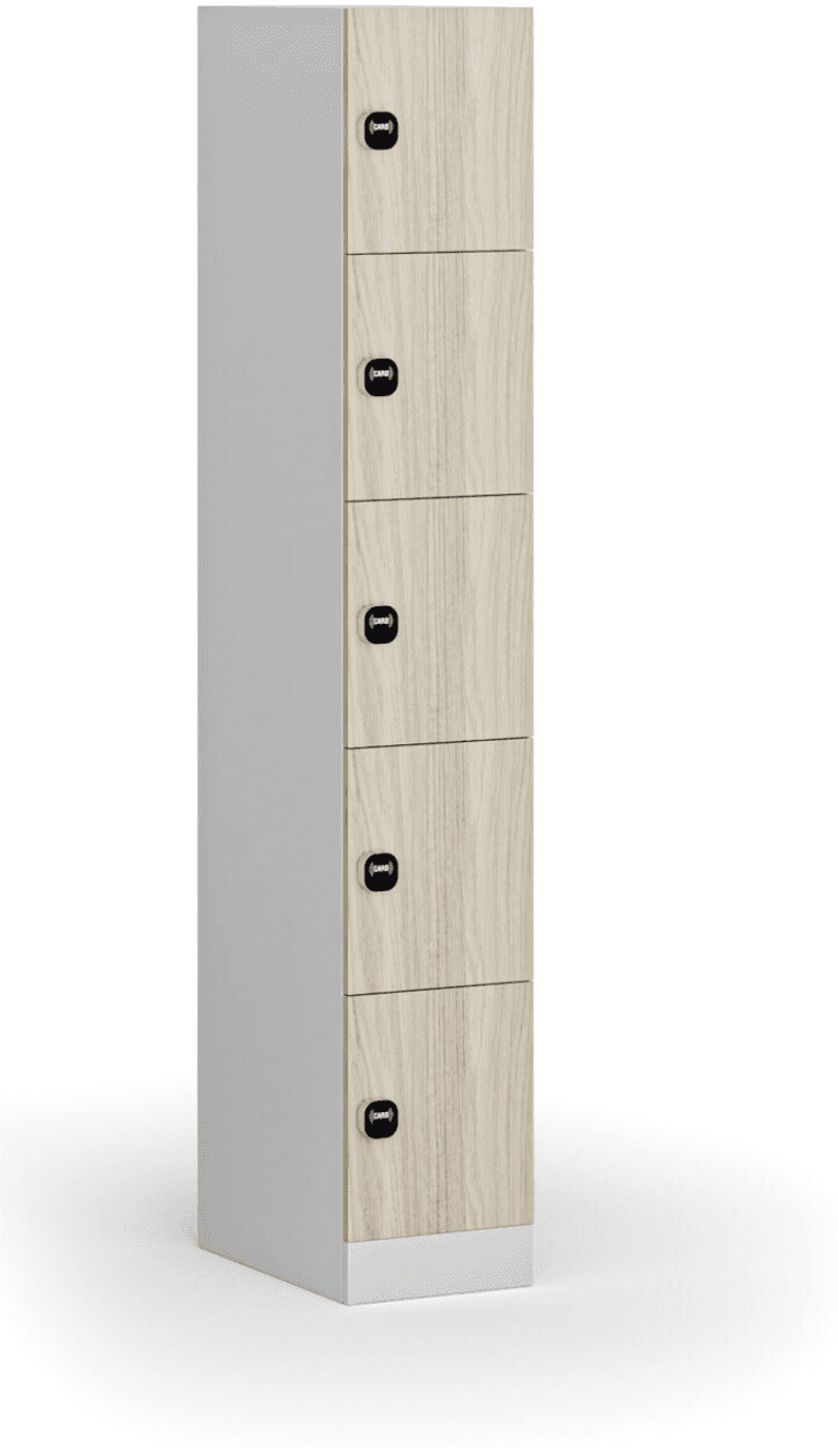 B2B Partner Šatníková skrinka S1 s úložnými boxmi, 5 boxov, 1850 x 300 x 500 mm, demont, zámok s čítačkou RFID kariet, laminované dvere, dub prírodný