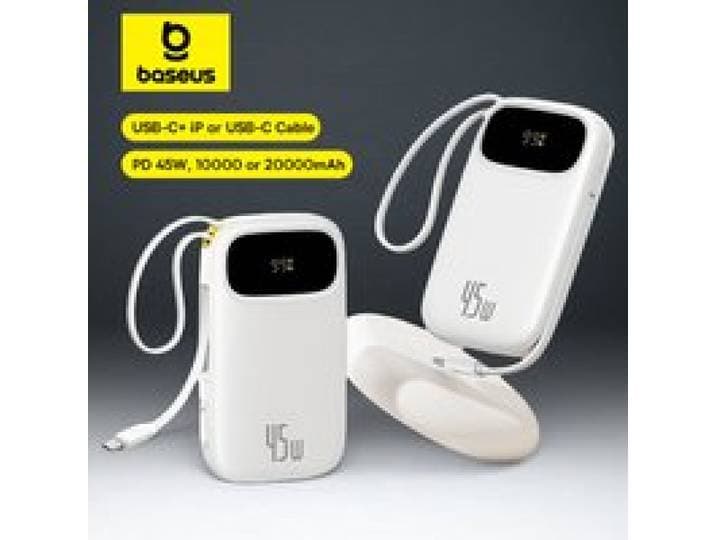 Baseus 45W 20000mAh Power Bank 10000mAh Ingebouwde intrekbare USB-C & Lightning-kabel voor iPhone 17 16 15 Samsung S25 Xiaomi Poco