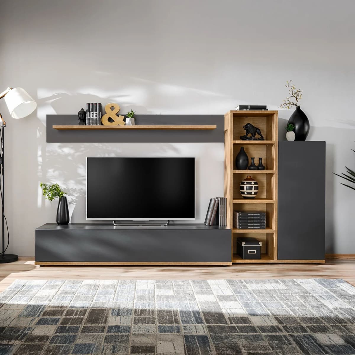 garneroarredamenti Parete attrezzata soggiorno 240x130h cm moderna antracite rovere Definity