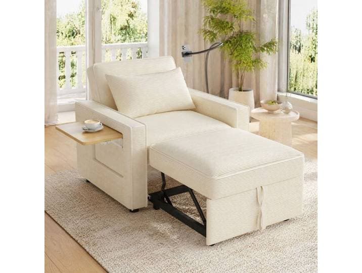 Fauteuil convertible 1 place avec dossier réglable USB tablette et rangement en velours côtelé beige 93 × 150 × 85 cm