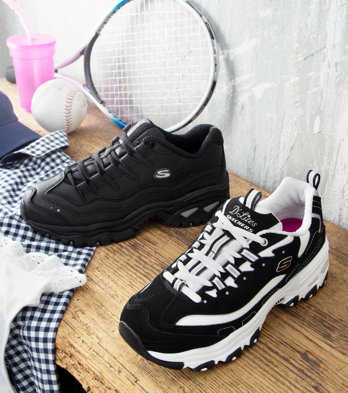 Sneaker SKECHERS "D´Lites - Biggest Fan", Damen, Gr. 40, schwarz-weiß (schwarz, weiß), Leder, Synthetik, Textil, Schuhe Sneaker, Freizeitschuh, Halbschuh, Schnürschuh im trendigen Chunky-Style