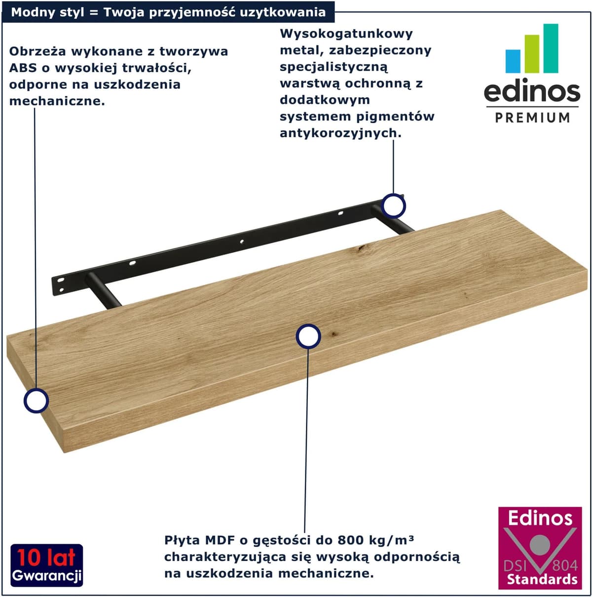 Edinos Premium Minimalistyczna półka wisząca 80 cm dąb artisan E8-N26