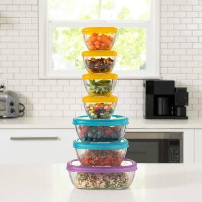 Libbey Serve It 14-Piece Glass Storage Container Set with 2-Cup, 6-Cup, and 8-Cup Bowls and Multi-Color Lids - Set of 14