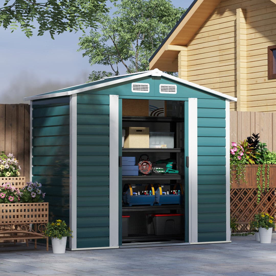 Outsunny 7 x 4ft Upgraded Metal Shed with Lock, Easy to Assemble Green 213cm W X 120cm D X 194cm H