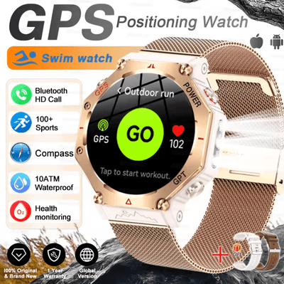 Inspire Curations T Rex 3 Ultra Military AMOLED GPS Smartwatch With 10ATM Waterproof & Bluetooth Call gold Mesh Belt 2a