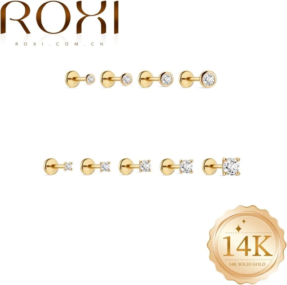 ROXI 1PC 14K Solid Gold  Piercing Studs Hypoallergenic Multi-Size Bezel & Prong Set Zircon Flat Back Cartilage Earrings