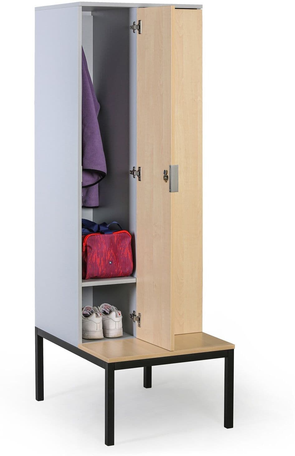 B2B Partner Drewniana szafa ubraniowa S4 z ławką, 2-drzwiowa, 1871 x 600 x 500/800 mm, demontaż, zamek mechaniczny z kodem, szary/zielony