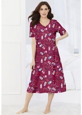 Plus Size Women's V-Neck Short Sleeve Midi Cotton Sleep Shirt by Dreams & Co. in Pomegranate Coffee Cup (Size 3X/4X) Nightgown