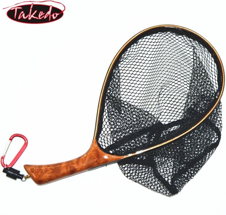 TAKEDO-Fly Fishing Landing Net, Soft Rubber Mesh Trout Net, Cinnamomum Camphora, Wooden Handle Catch and Release Net, TKL003