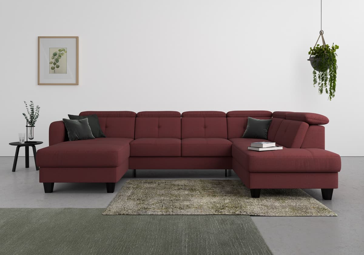 Wohnlandschaft SIT & MORE "Belluci U-Form", lila (chianti), B:321cm H:85cm T:195cm, Sofas, Wohnlandschaft, Kopfteilverstellung und Federkern, wahlweise mit Schlaffunktion chianti B/H/T: 321cm x 85cm x 195cm, Struktur weich, Recamiere links,mit Bettfunktio