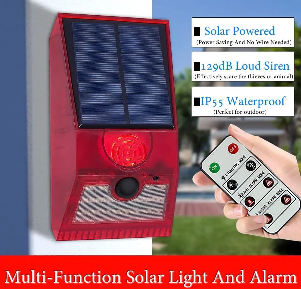 ELESECUR 2-In-1 Solar Motion Sensor Detector Alarm Light Remote Control Siren Waterproof 129dB Siren Lamp For Home Outdoor Yard Farm