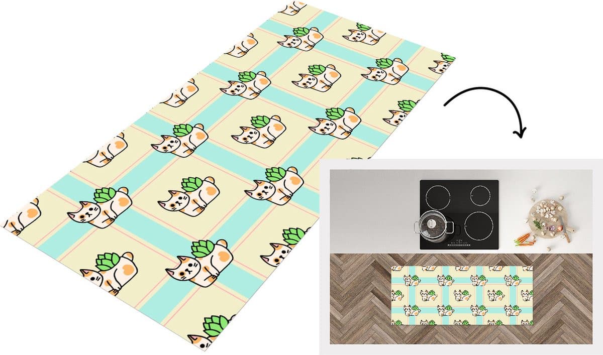 KitchenYeah Keukenloper Vinyl met Katten en Planten Patroon in Pastelkleuren - B/D: 120 x 50 cm