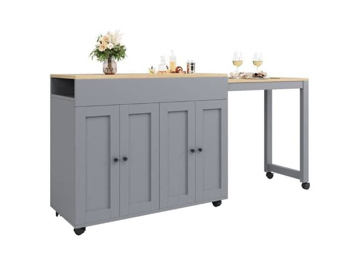 Îlot central table haute extensible 117-180 cm avec 6 rangements MDF gris