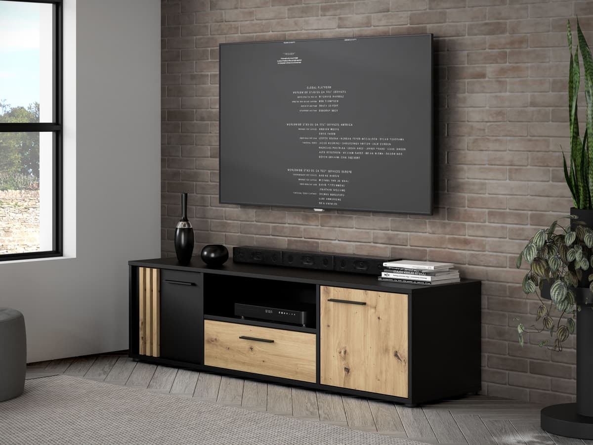 Lowboard FORTE "Cardigan TV-Board, TV-Schrank", schwarz (schwarz, artisan eiche), B:162,6cm H:43,9cm T:41,5cm, Holzwerkstoff, Sideboards, Lowboard, TV-Board, 2 farbig, Stauraum Kabelführung schwarz, artisan eiche B/H/T: 162,6cm x 43,9cm x 41,5cm