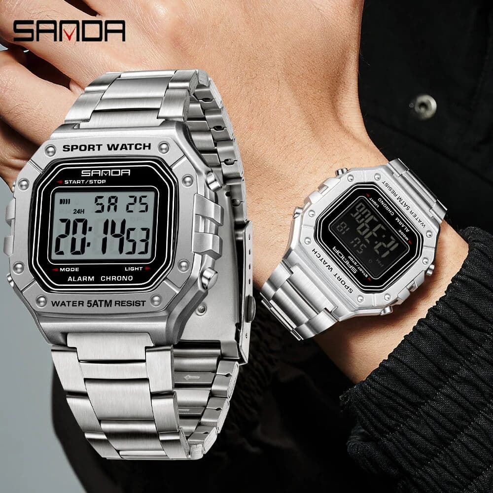 SANDA Men's Digital Watch Waterproof LED Sports Wristwatch with Week Date Alarm Stainless Steel Band Fashion Watch for Men