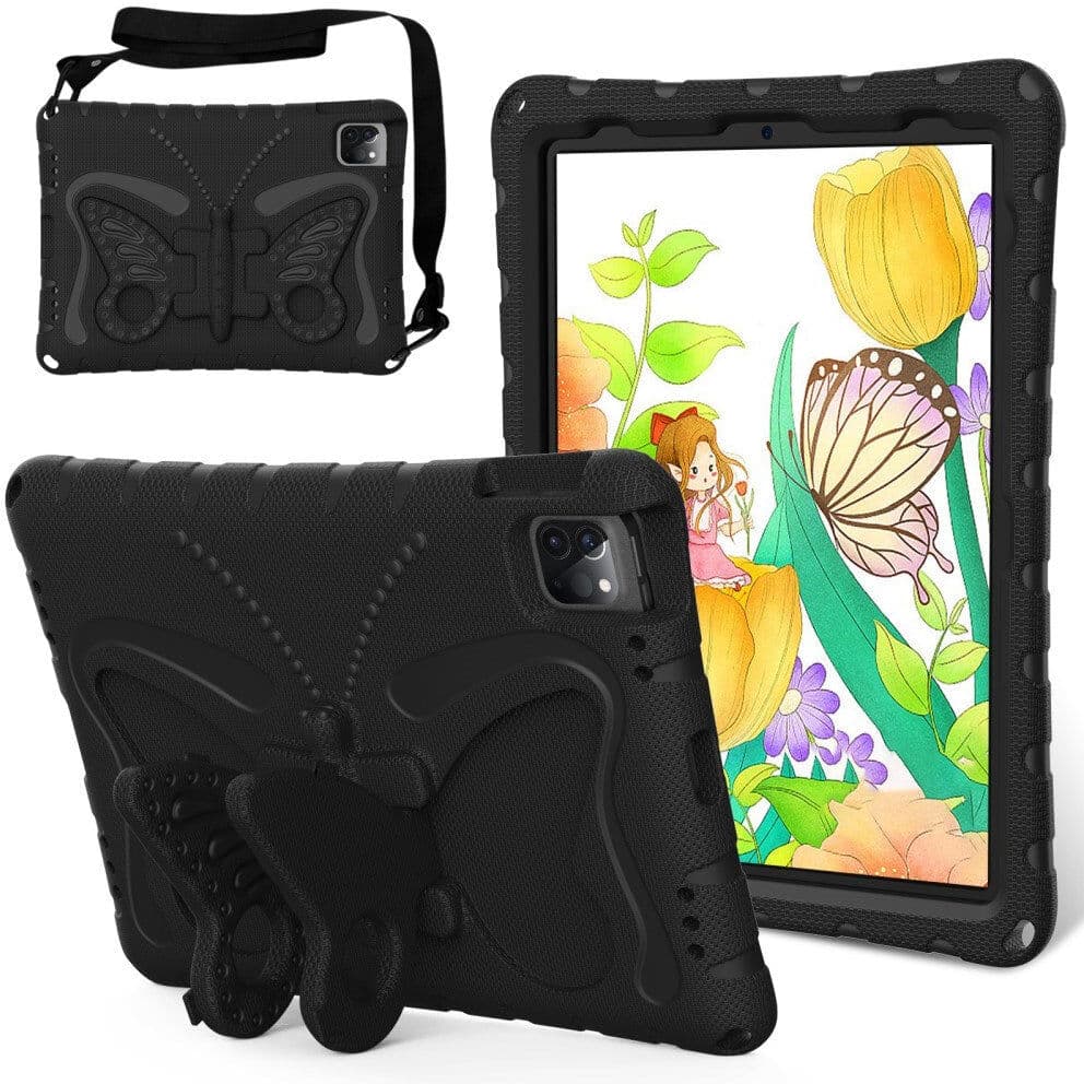 EIDERWOOD iPad Air 13" (2026 / 2025 / 2024) / Pro 13" (2025 / 2024) / Pro 12.9" (2022-2018) Børne Cover - Butterfly Kickstand Cover m. Skulderstrop - Sort