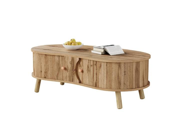 Flieks Couchtisch Skandi Rillen Schiebetüren Holzoptik Mdf, Naturfarben, 50x37x108 cm, Wohnzimmer, Wohnzimmertische, Couchtische