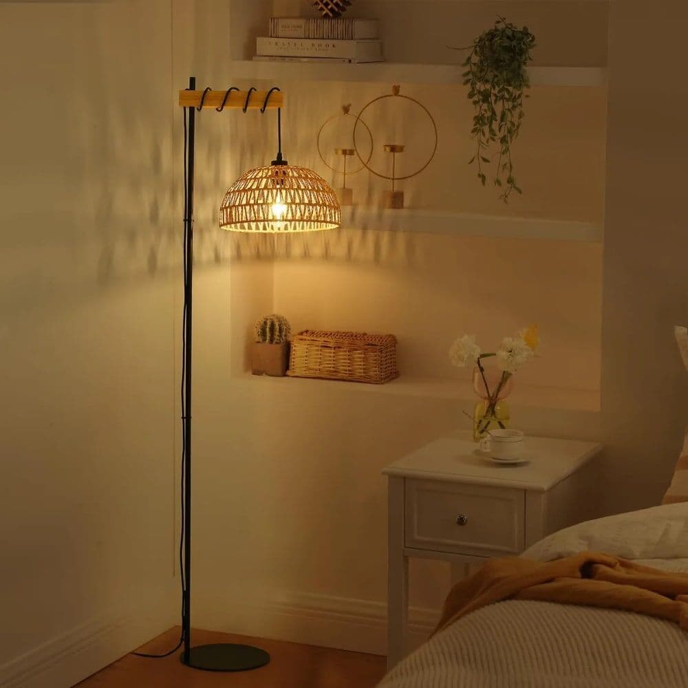 Alpinaluz Lámpara de pie de madera con pantalla de cuerda beige, E27 Alt.158 cm