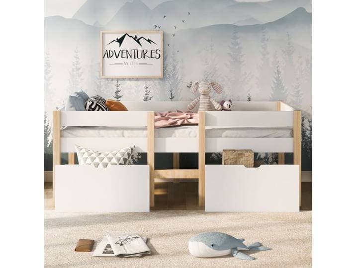 Lit enfant mi-hauteur avec tiroirs et protection antichute pin massif blanc sommier inclus 90 x 190 cm Grjofek