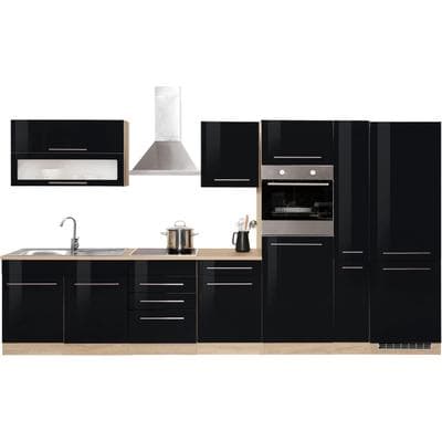 Küchenzeile KOCHSTATION "KS-Eton", schwarz (küche: schwarz, korpus: eichefarben, arbeitsplatte: eichefarben), B:360cm T:60cm, Komplettküchen-Sets, Küchenzeile, ohne E-Geräte, Breite 360 cm