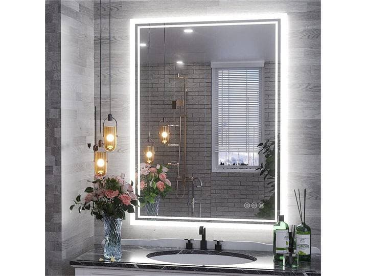 Miroir de salle de bain LED, 3 tailles, miroir mural à intensité variable, miroir rectangulaire de maquillage, anti-buée, rétroéclairage vertical/horizontal, indice de protection IP65
