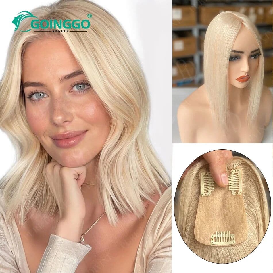 GOINGGO Balayege Hair Toppers Real Human Hair Highlighted Blonde 150% Density 12-Inch Silk Base Toupee for Women 7x11cm Machine Made