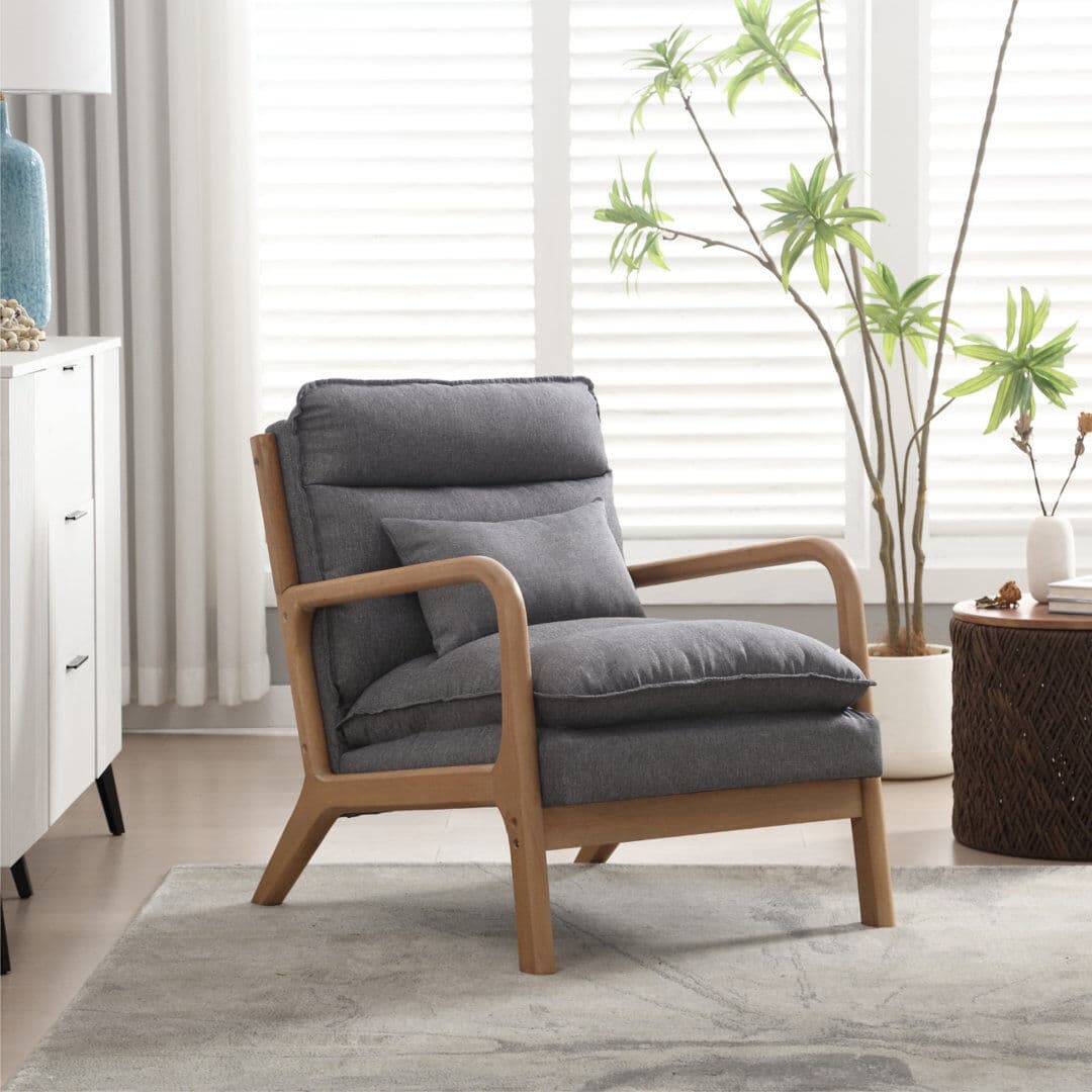 Blue Elephant Linen Armchair with Lumbar Pillow, Solid Wood Frame Accent Chair, Cosy Reading Chair for Living Room Grey 81.5cm H X 65.5cm W X 79cm D