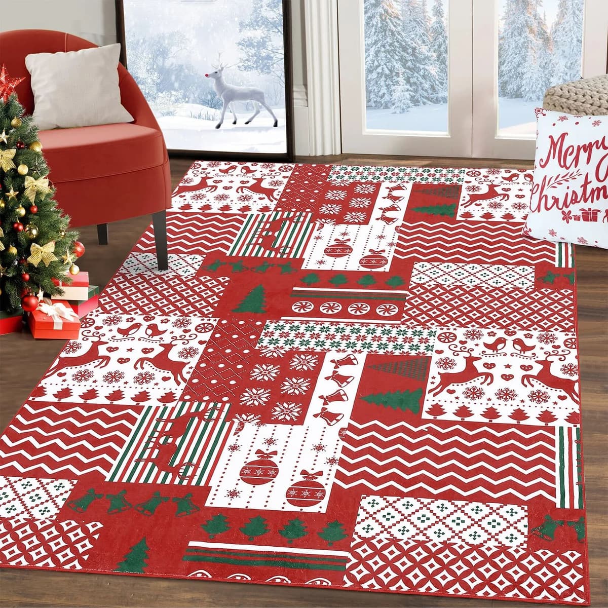 NONE Christmas Area Rug Soft Fluffy Carpet with Non-Slip Backing Edge & Festive Pattern Washable Rug Holiday Mat for Bedroom Living