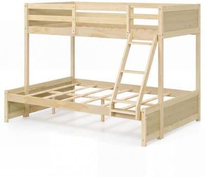 Costway Twin Over Full Bunk Bed with 3-Step Ladder and Full-Length Guardrails-Natural