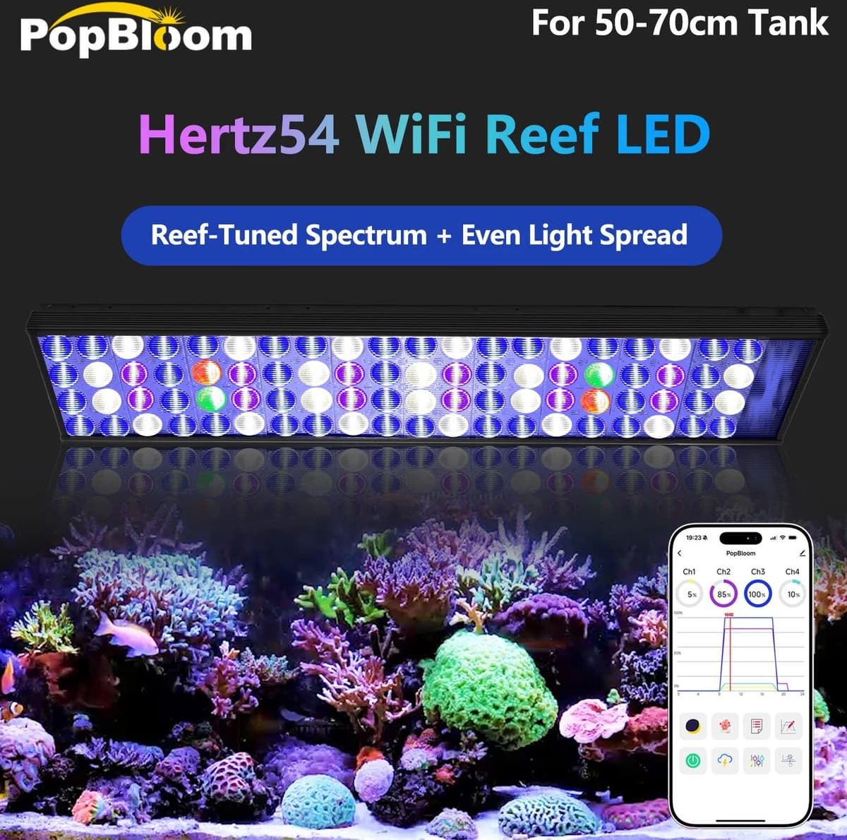 PopBloom Reef Timer Control LED Aquarium Light Full Spectrum Marine Fish Coral Light for 60cm 24inch 2ft Tank