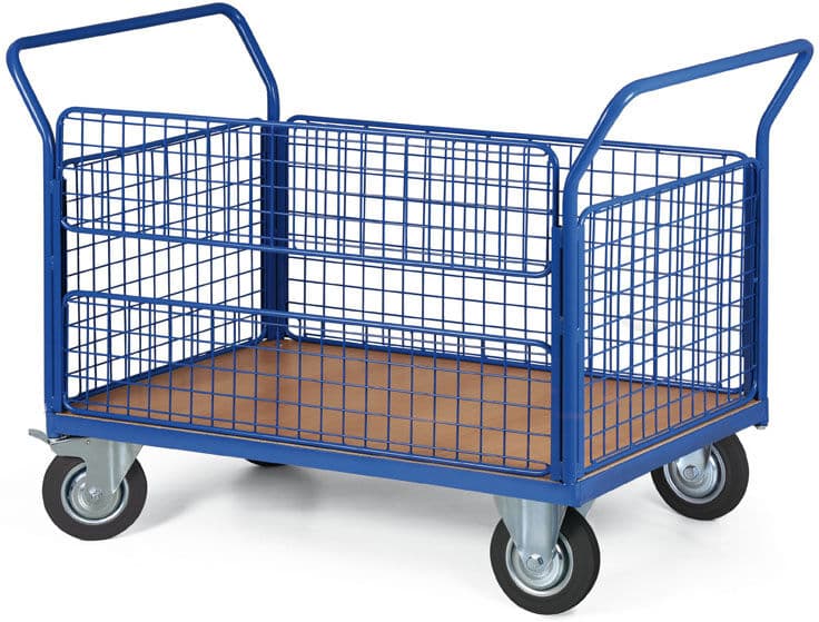 B2B Partner Wózek platformowy z burtami z siatki, 1200 x 800 mm, nośność 300 kg, koła 160 mm z czarną gumą