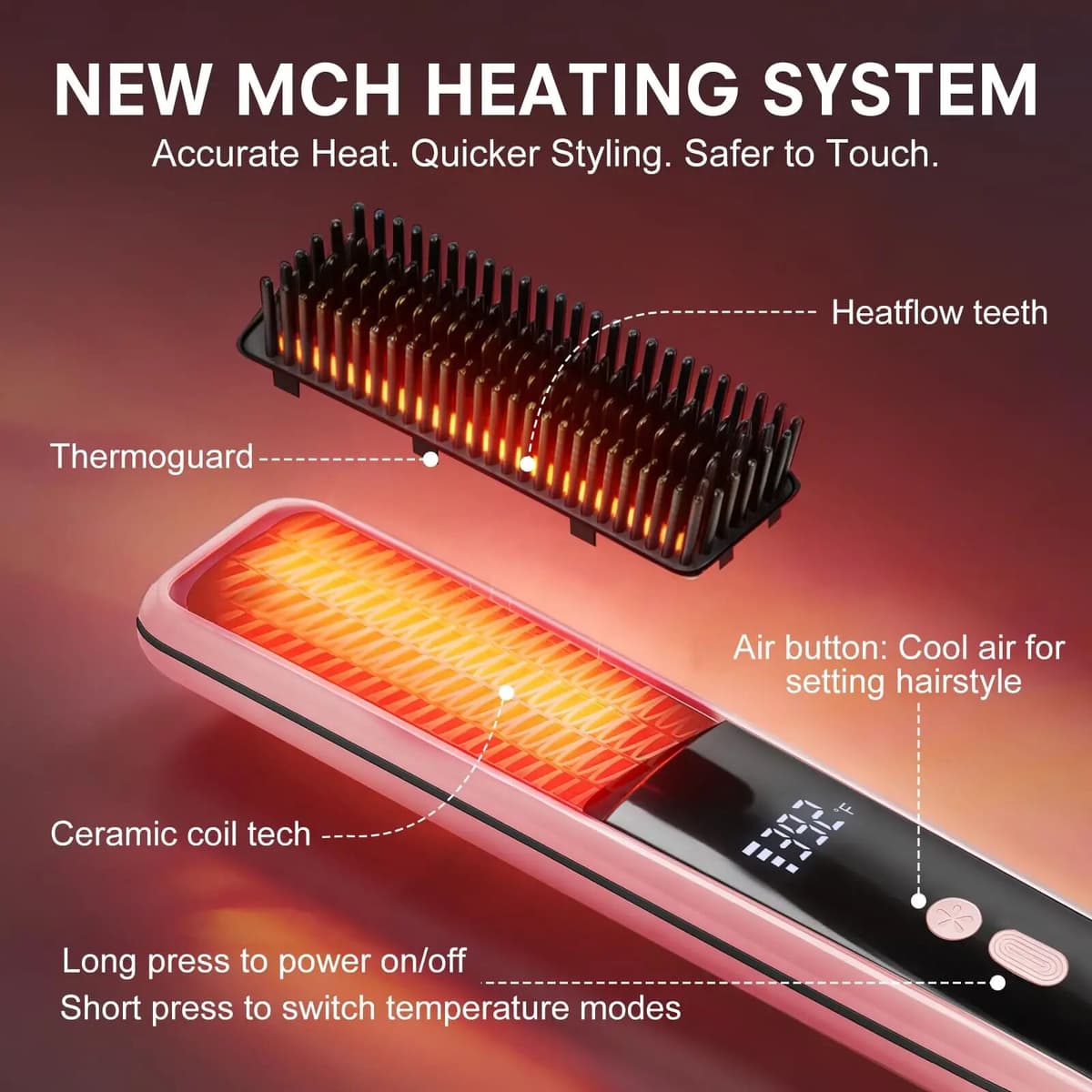 NONE Hair Straightener Brush Upgraded Cordless Straightening Brush with 30s Fast Heat 3 Temperature Settings, Ionic & Ceramic Care