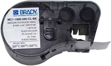 Brady MC1-1000-595-CL-BK cinta de vinilo negro sobre transparente de 25,4 mm x 6,1 m