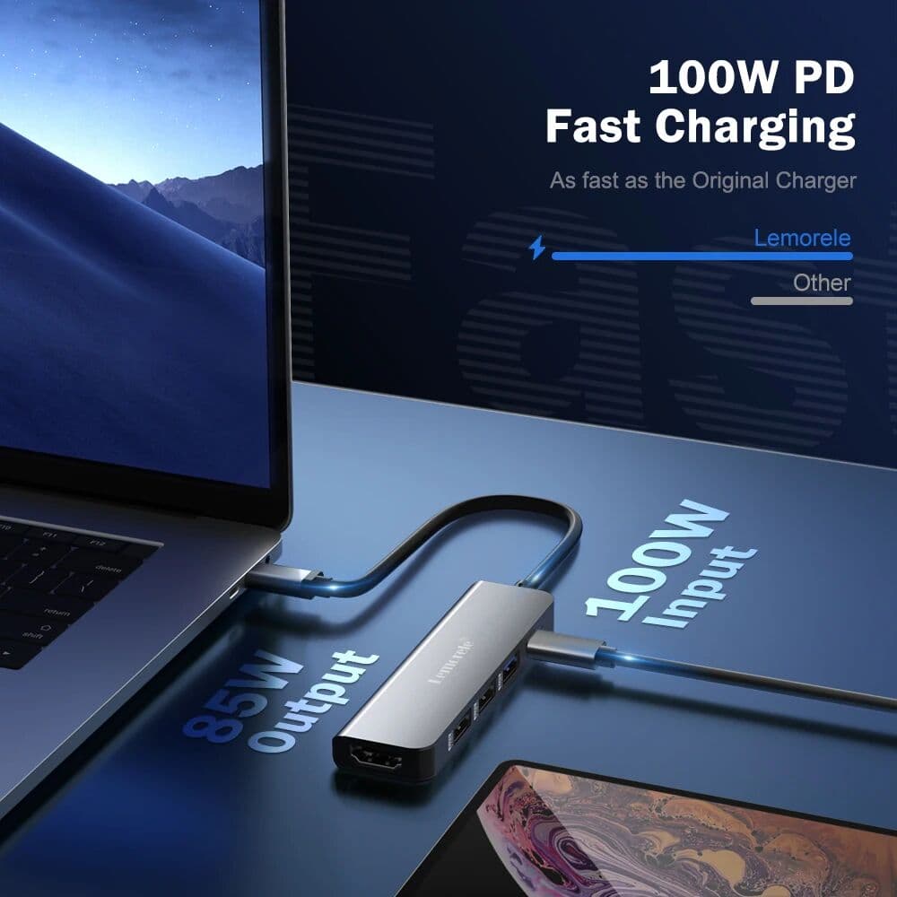 Lemorele TC101 5-in-1 USB C Hub 4K HDMI Docking Station 100W PD USB 3.0 5Gbps for MacBook/Dell/HP/Lenovo Aluminum Dock