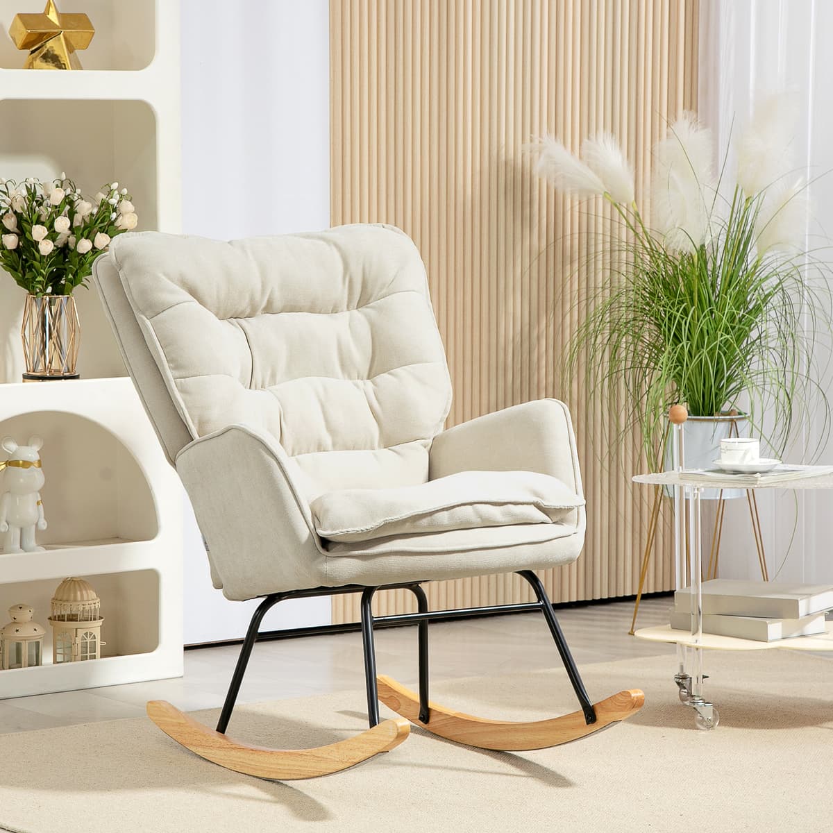 Homcom Sedia a Dondolo, Sedile Largo, Altezza Schienale, Telaio in Faggio, Fino a 120 kg, Beige