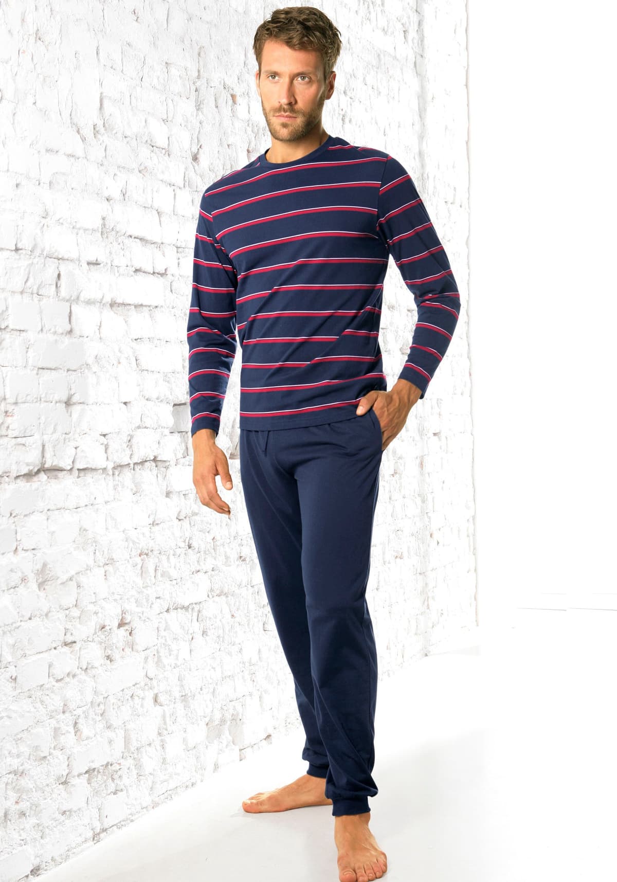 Pyjama H.I.S, Herren, Gr. 52/54 (L), Single Jersey, blau (navy), Single Jersey, Obermaterial: 60% Baumwolle, 40% Polyester, gestreift, Basic, bequem, Rundhals, Homewear-Sets Pyjama, Schlafanzug mit garngefärbten Streifen navy 52/54 (L), Single Jersey