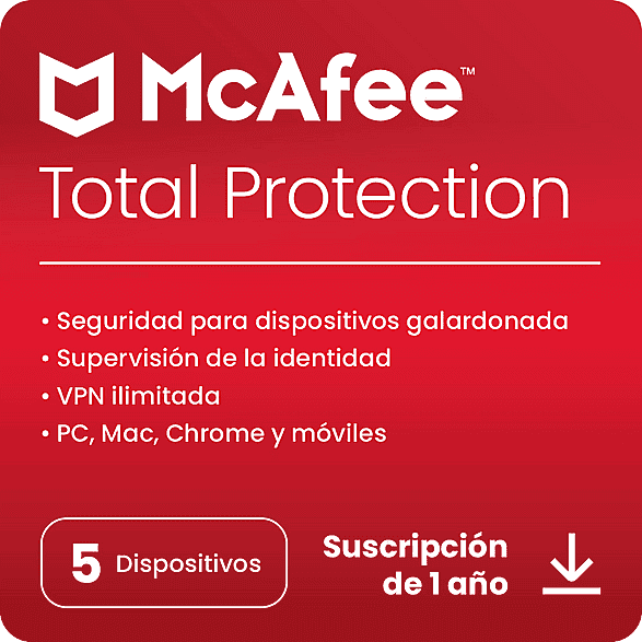 Antivirus - McAfee® Total Protection, Seguridad en Internet para 5 dispositivos, Suscripción 1 año, Código de descarga