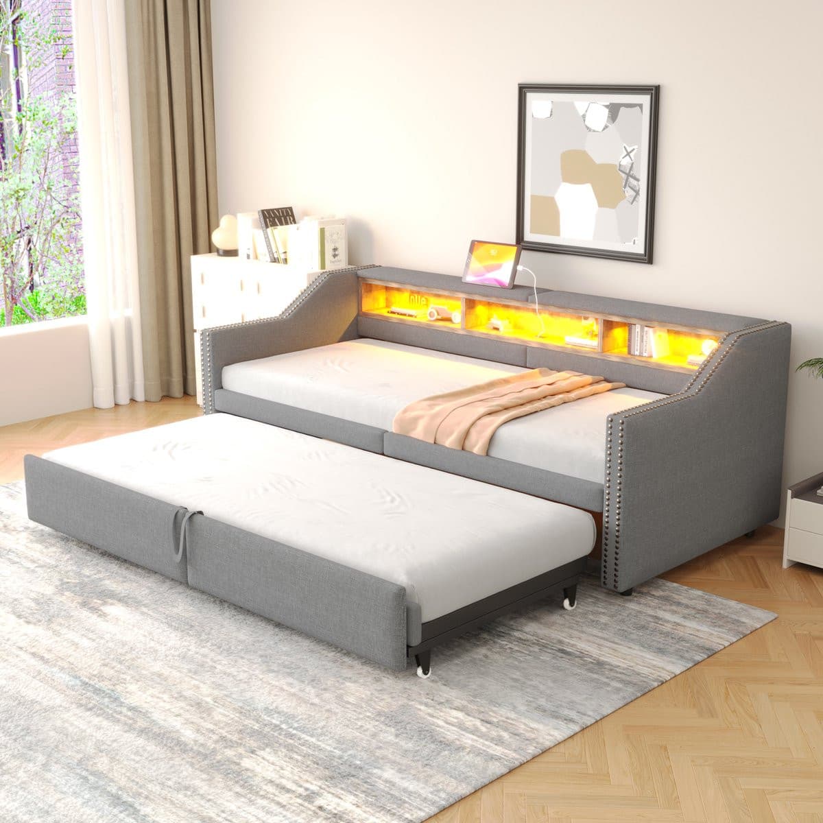 REDOM Slaapbank van linnen stof met USB-poort en LED-verlichting, 180x200 cm