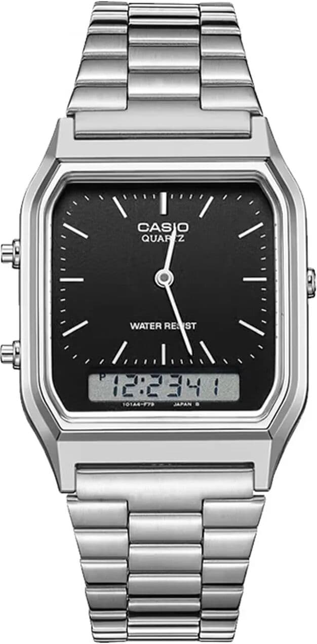 Casio AQ-230A Series   Vintage Analog Digital Watch   Water Resistant   Stainless Steel Band   3-Year Battery Life