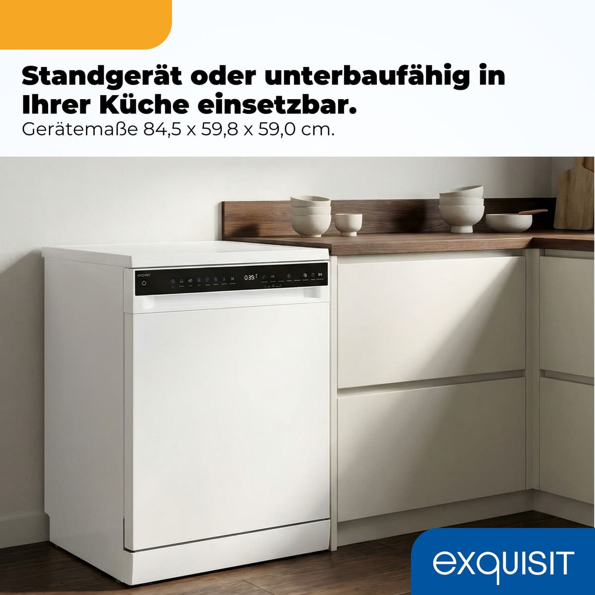 EXQUISIT Standgeschirrspüler "GSP9616-450B weiss", Energieeffizienz: B, weiß, B:59,8cm H:84,5cm T:59cm, Geschirrspüler, 16 Maßgedecke & flüsterleise 44 dB – stark und angenehm ruhig, Standgeschirrspüler